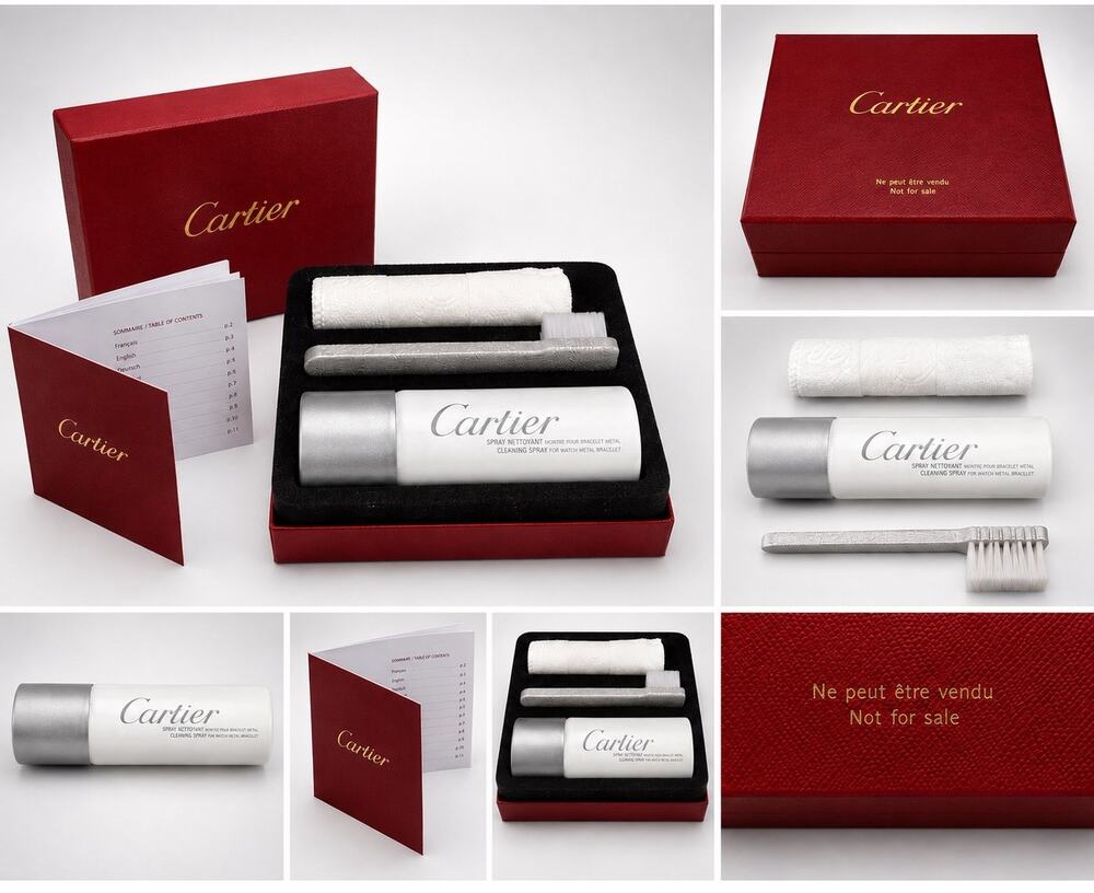 Cartier Watch Cleaning Kit Spray Metal Bracelet Care Set w/ Box Cloth Brush